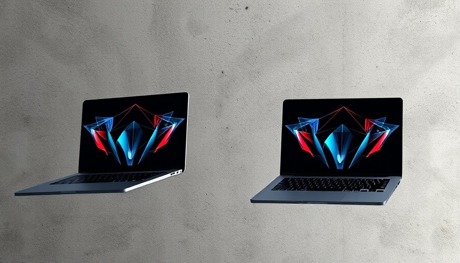 Futuristic modular laptops with abstract screens floating.