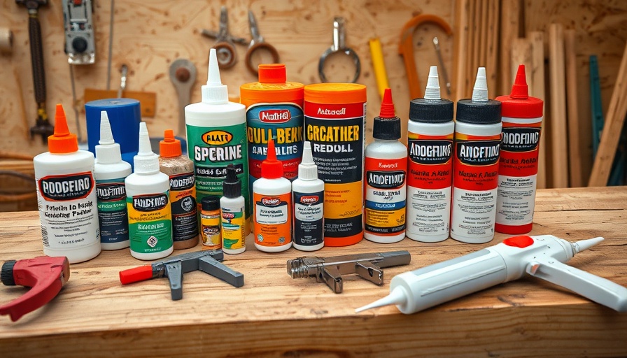 Various construction adhesives and tools on a workbench in a workshop setting.
