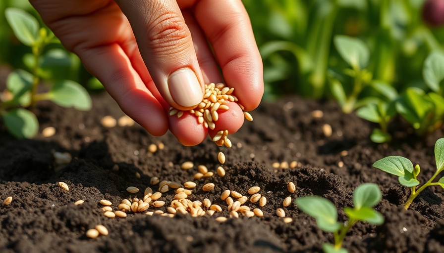 Close-up hand sprinkling seeds in garden bed, cheap seed-spacing tricks.