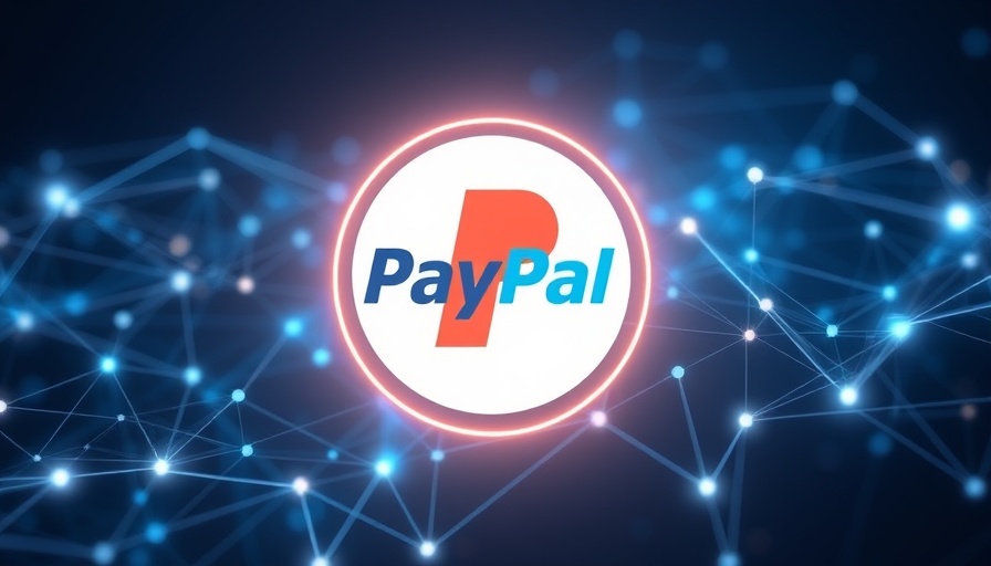 Futuristic PayPal crypto integration design with digital symbols.
