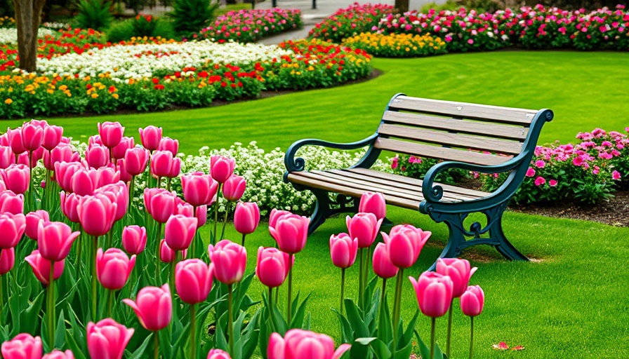Flower bed design tips in a vibrant garden with tulips and bench