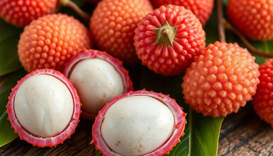 Fresh lychee fruits displayed on wooden surface, highlighting texture and color.