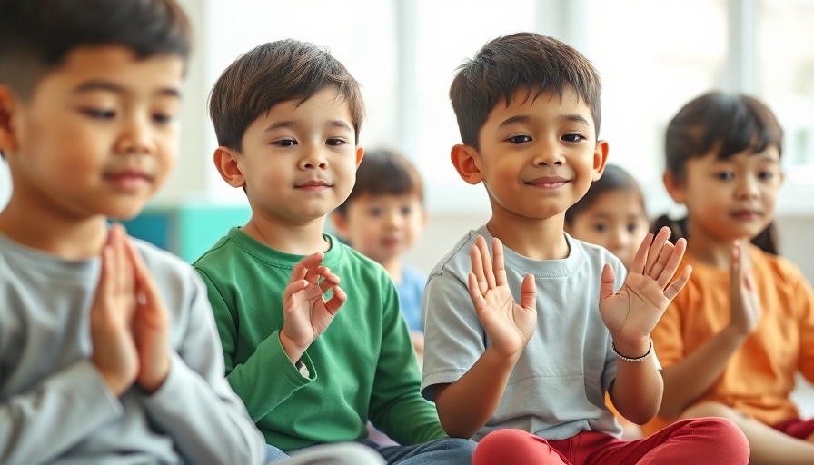 Kids practicing Calming Hands mindfulness in bright classroom.