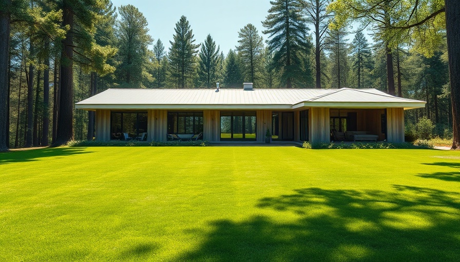 Modern home with lush lawn surrounded by trees, lawn care tips for homeowners.