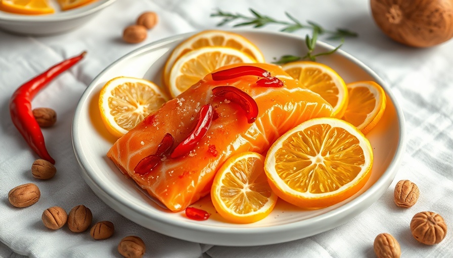 Coconut-Chile Salmon Recipe with colorful citrus and nuts.