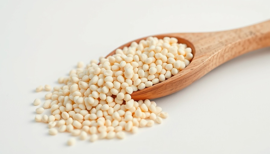 Wooden spoon with nutritious grain scattered on white.