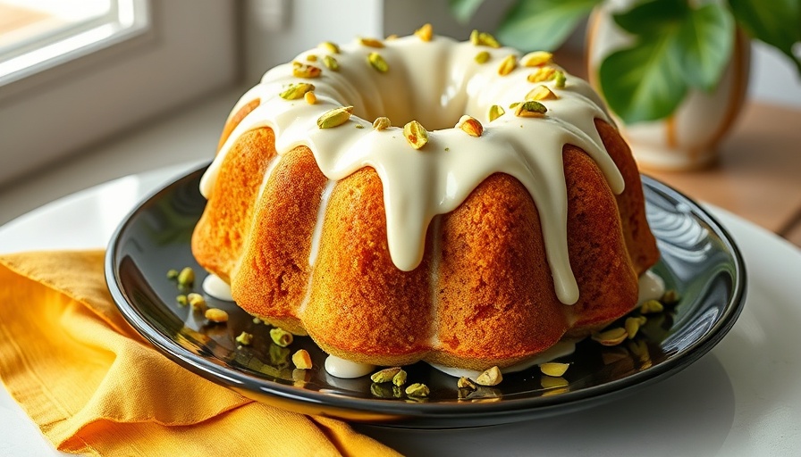 Delicious pistachio Bundt cake with icing and pistachio garnish on a plate.