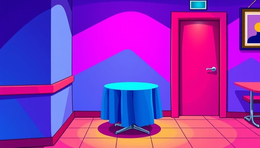 Brightly colored restaurant scene with table near restroom door.