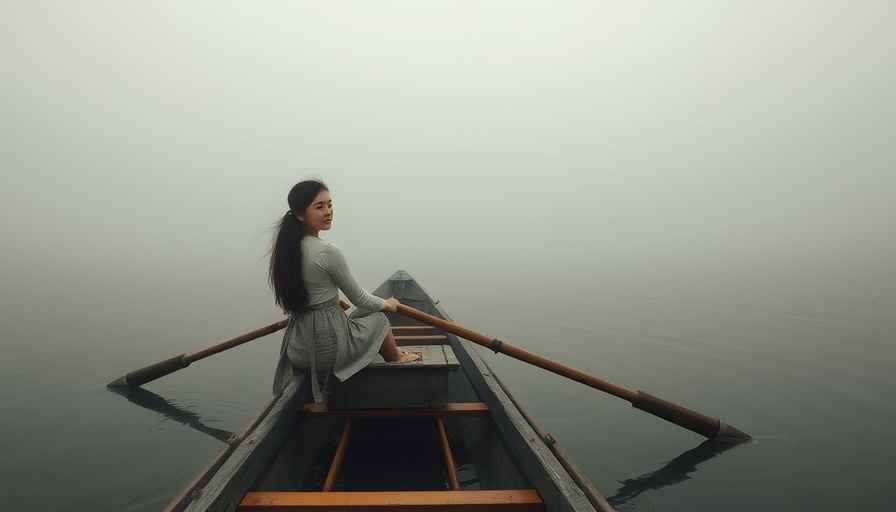 Mindfulness in Difficult Times: Solitary woman rowing boat in misty lake