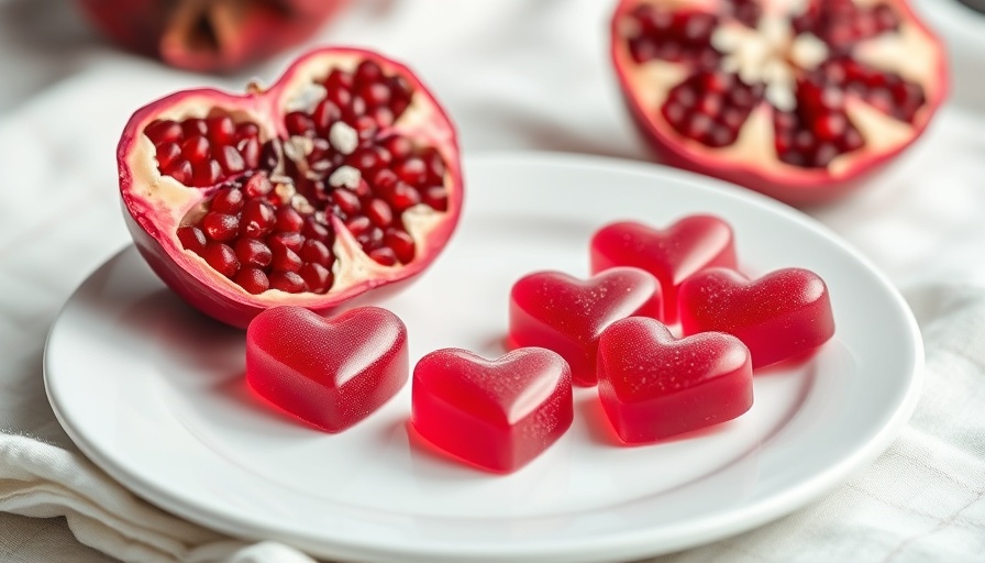 Heart-shaped energy boosting beet gummies on plate next to pomegranate.