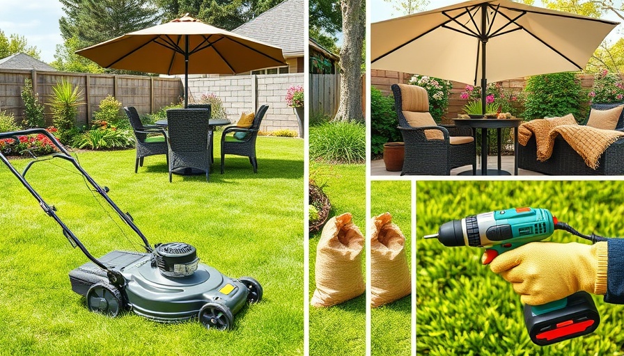 Home Depot Spring Black Friday promotional collage with garden tools and patio set.
