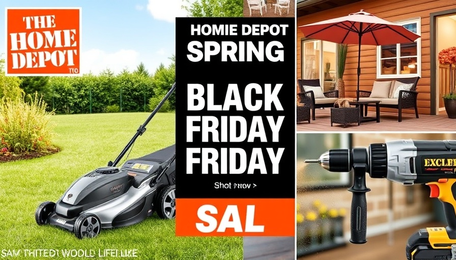 Home Depot Spring Black Friday Sale collage with lawn mower, patio set, garden soil, and drill.
