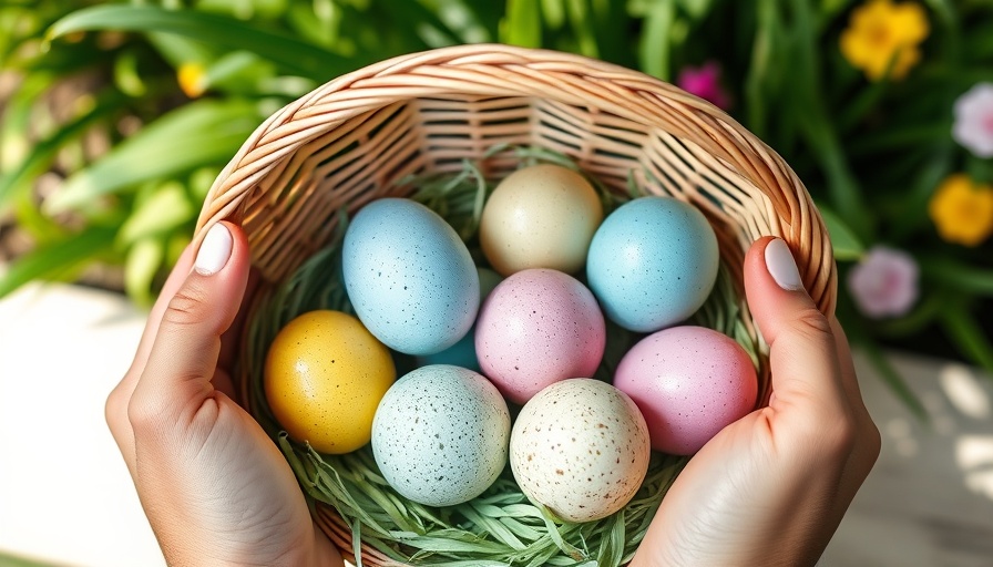 Healthy Easter Basket Ideas: Vibrant Easter eggs in a basket outdoors.