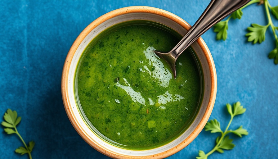 Vibrant herb sauce with spoon in ceramic bowl, green sauces to use up herbs.