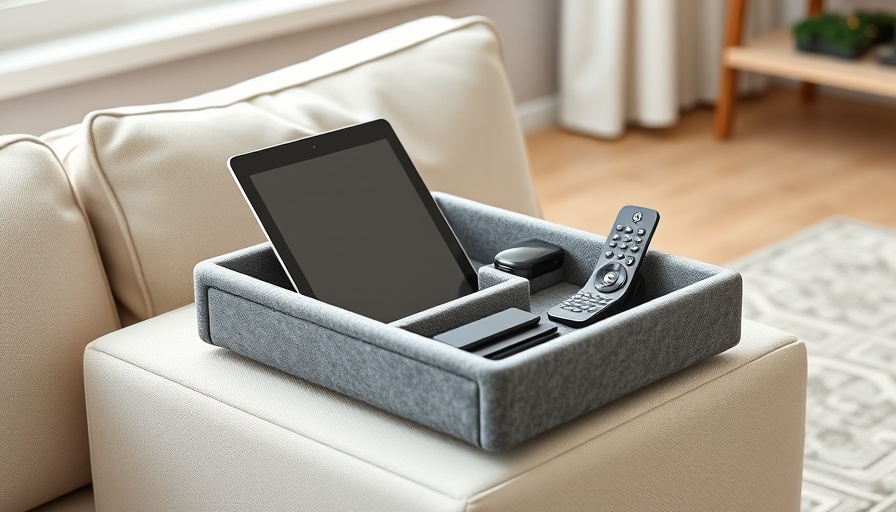 Gray felt organizer on sofa armrest holding tablet and remotes.