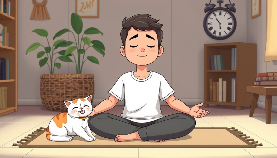 Cartoon man meditating indoors, finding a great meditation teacher.