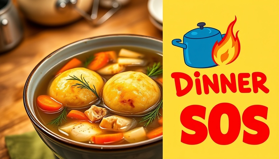 Hearty bowl of matzo ball soup with herbs and vibrant graphic.