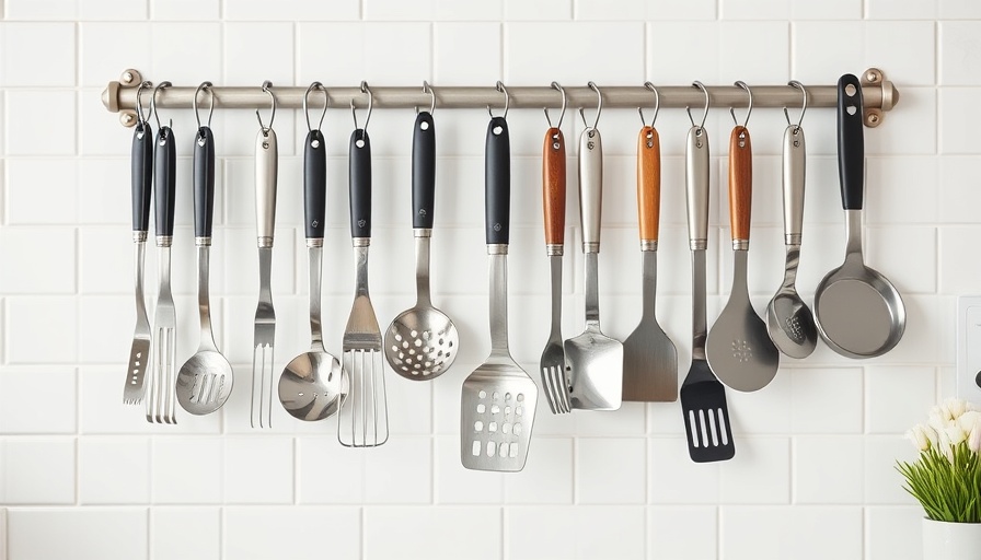 Organized kitchen utensils on a wall rack demonstrating household hacks for homeowners.