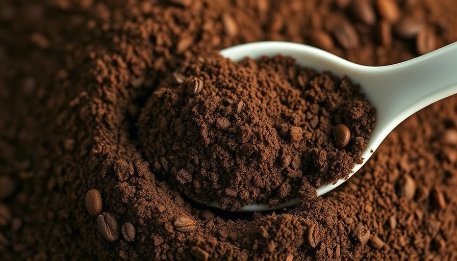Close-up of coffee grounds with scoop for plant use.
