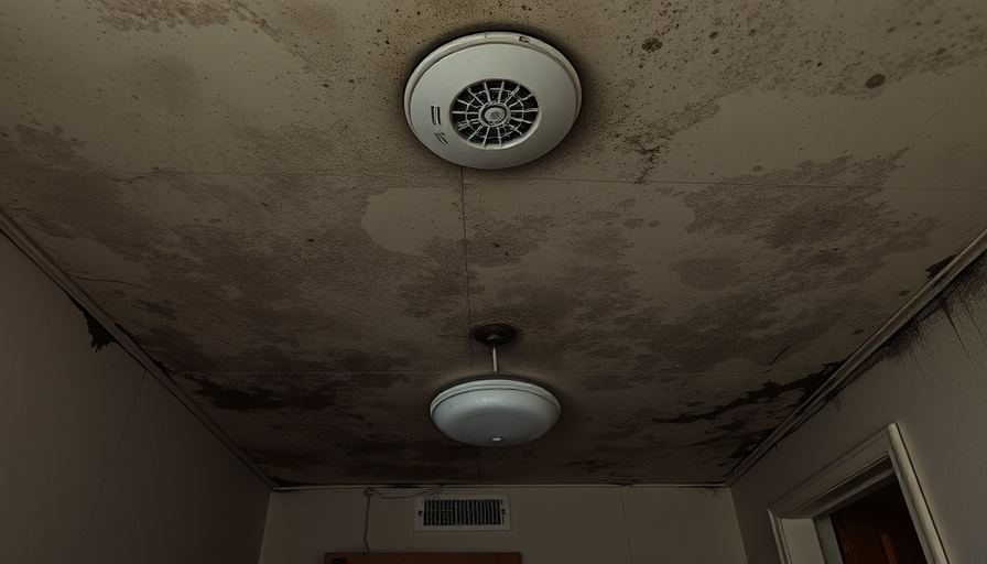 Severely moldy ceiling with dark spots, indoor environment.