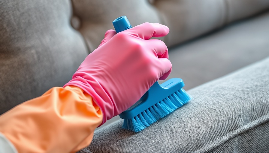 Cleaning hacks: hand in pink glove scrubbing grey couch with blue brush.