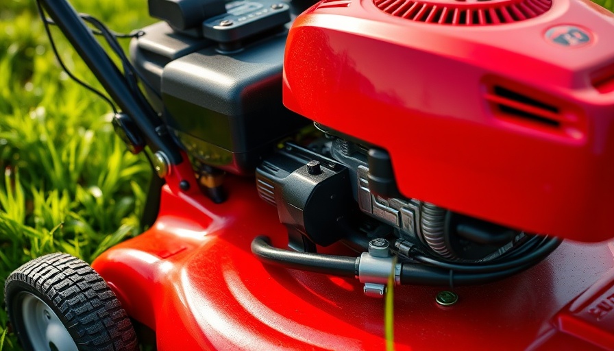 Red lawn mower being inspected, focus on engine and wheels.