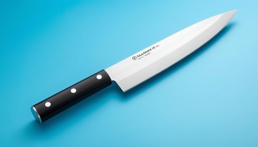 Premium Santoku knife with black handle on blue gradient