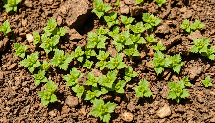 Spurge weeds growing on brown soil in bright daylight