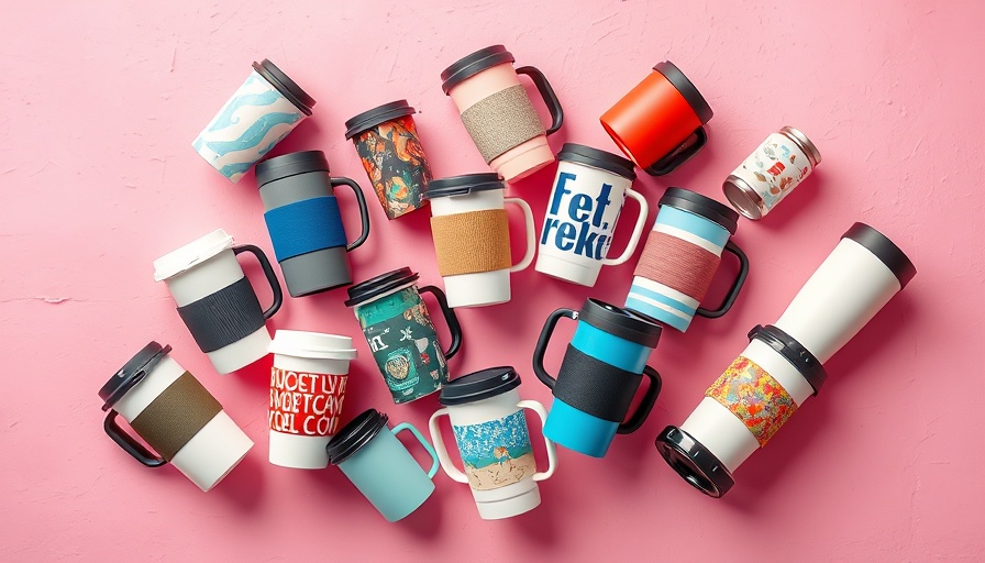 Stylish travel coffee mugs with red, black, and white designs.