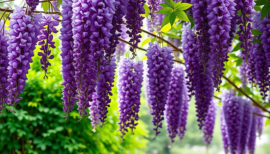 Fast-growing wisteria vines create a vibrant purple canopy.