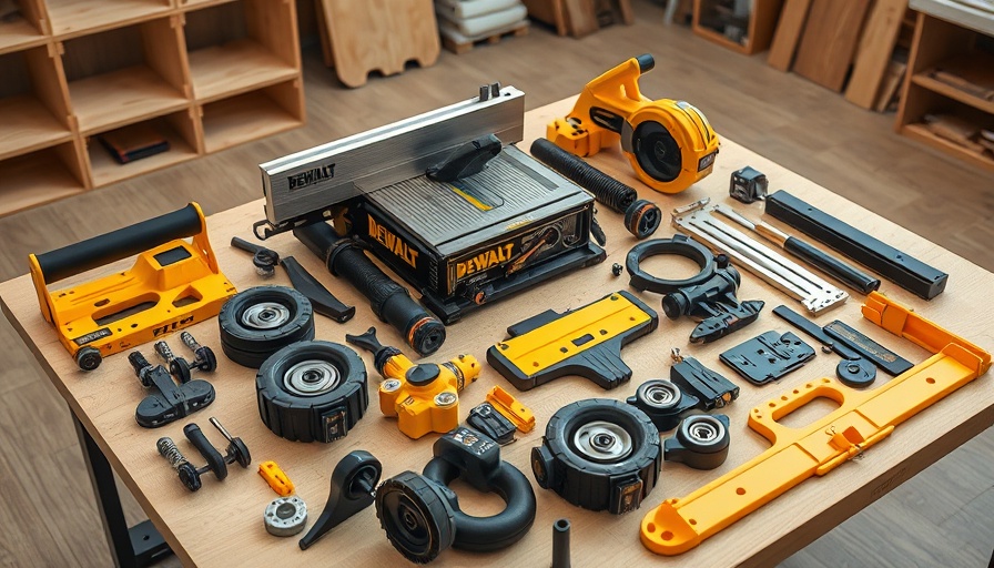 DeWalt Table Saws for DIY components organized on plywood surface.