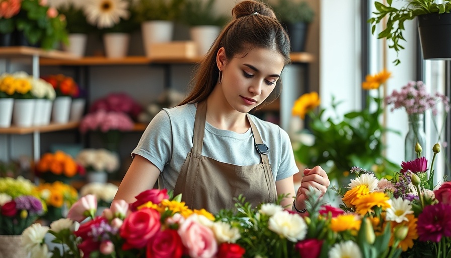 Young florist arranging flowers in their shop, increasing profitability in a small business.