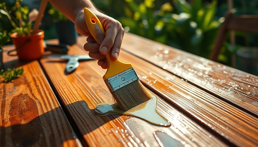 Close-up of varnishing a wooden table outdoors, beginner gardening tips.