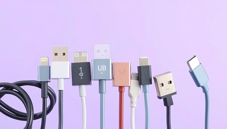 Assorted USB cable types including USB-A, Lightning, micro USB, and USB-C.