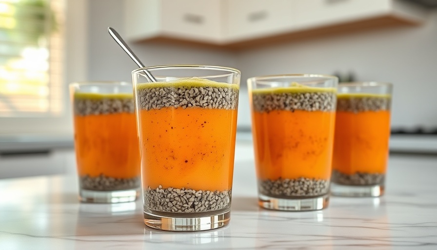 Colorful chia pudding cups in bright kitchen for Bon Appétit recipes.