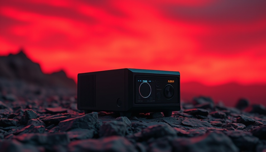 Sleek mini PC with glowing LEDs on a rocky surface.