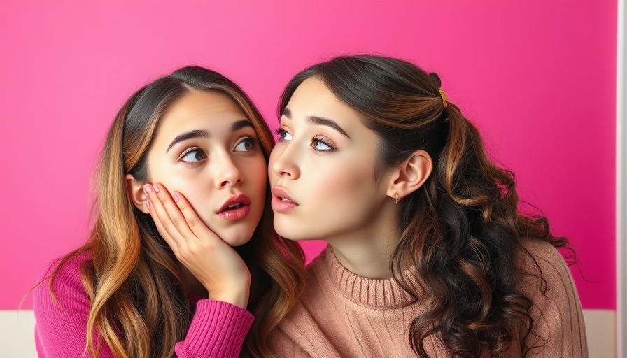 Two women gossiping secretly against pink backdrop.