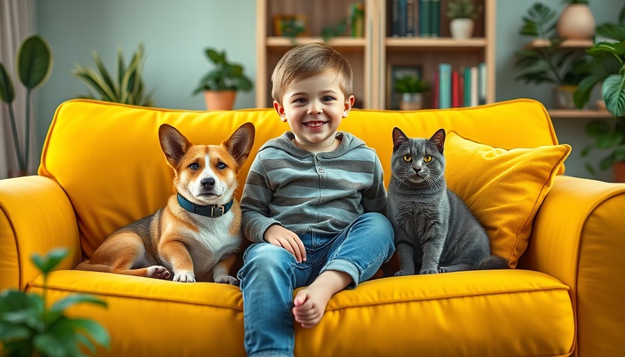 Adorable boy with corgi and cat on yellow sofa, how to start a pet sitting business.