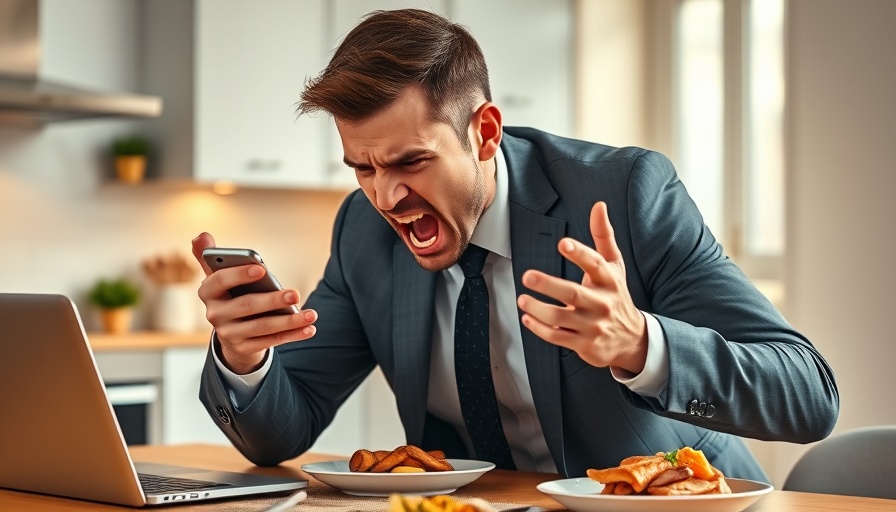 Frustrated man screaming at phone in kitchen, AI voice screaming emotion.