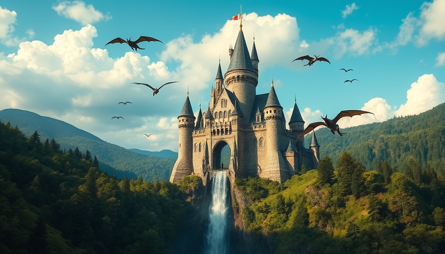 Majestic floating castle with dragons in lush landscape, AI image generation Perplexity
