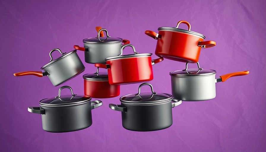Assorted modern stockpots 2025, floating against purple background.