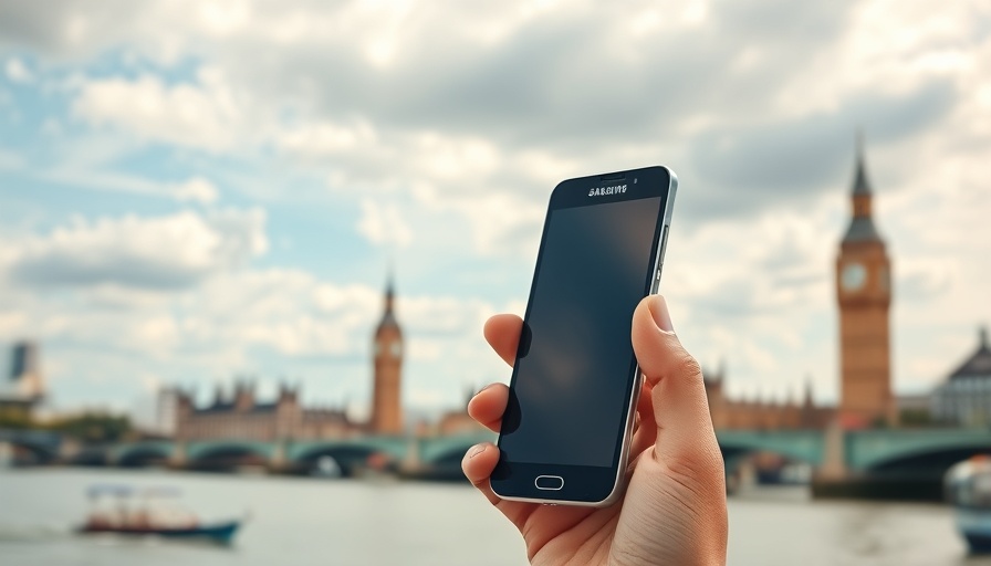 Samsung Galaxy Z Flip 7 held up near a river with a landmark tower.