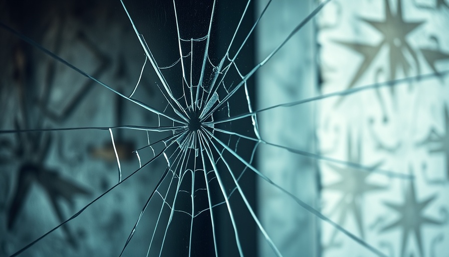 Cracked window glass with visible fracture lines in indoor setting.