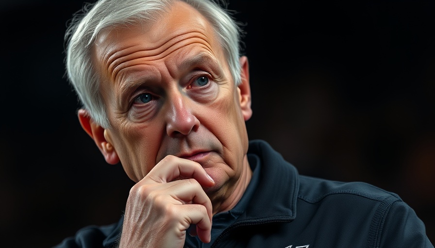 Elderly man with contemplative expression, team logo visible.