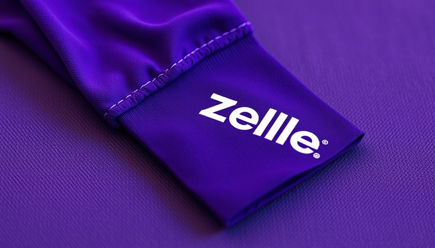 Zelle purple sleeve on fabric background, illustrating branding.