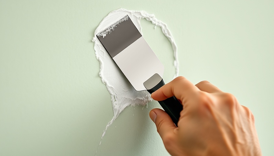 Close-up of fixing a drywall hole with a putty knife.