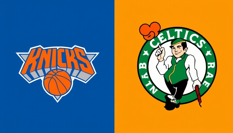 Knicks vs. Celtics Game 1 Preview logos split, bold design.
