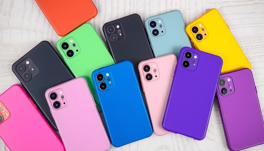 Colorful phone cases arranged on light wood surface.