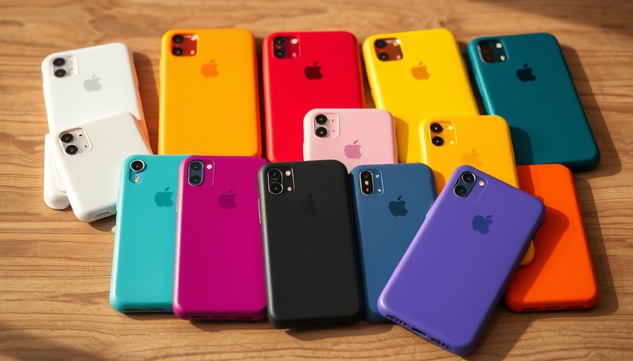 Colorful minimalist phone cases laid out on a wooden surface