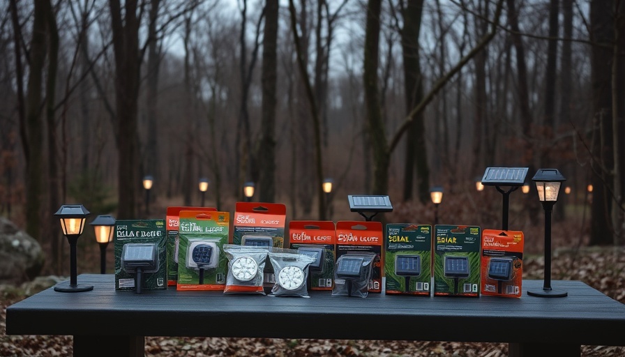 Assortment of solar fence lights on outdoor table in forest.